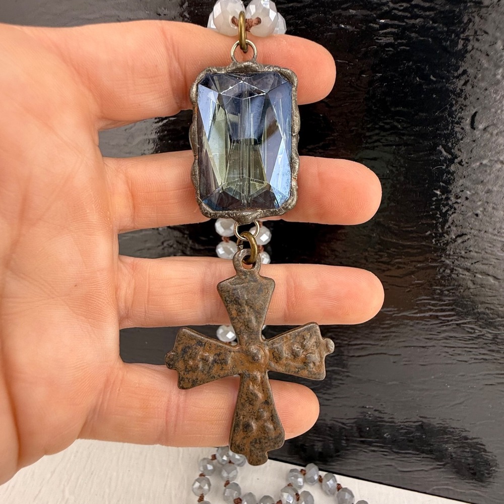 Vintage Faceted Glass Cross Necklace Chunky Blue 40”